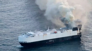 A fire broke out on a ship carrying 3000 cars in the Pacific Ocean
