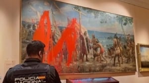 Paint was splashed on Columbus's artwork at the museum in Madrid
