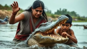 A mother forcibly rescued her child from a crocodile's mouth