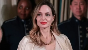 Angelina Jolie in a new film with bright blonde hair