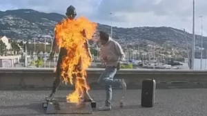 An unknown person started a fire next to the Ronaldo statue