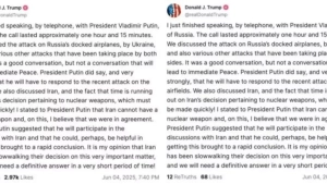 Tramp o‘chirgan Putin bilan suhbat haqidagi postini qayta joyladi