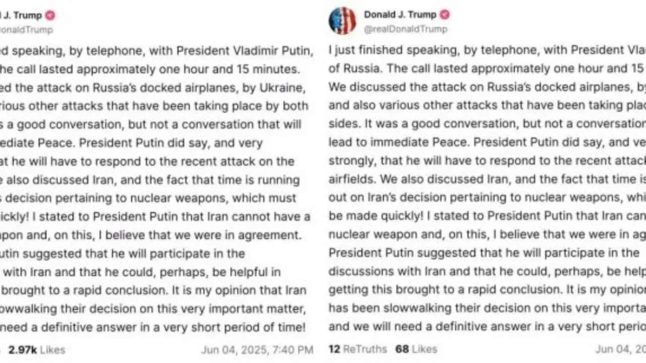 Tramp o‘chirgan Putin bilan suhbat haqidagi postini qayta joyladi