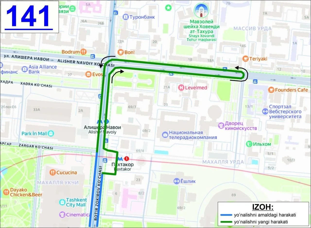 Toshkentda 141-sonli avtobus yo'nalishining harakat tartibi o'zgaradi
