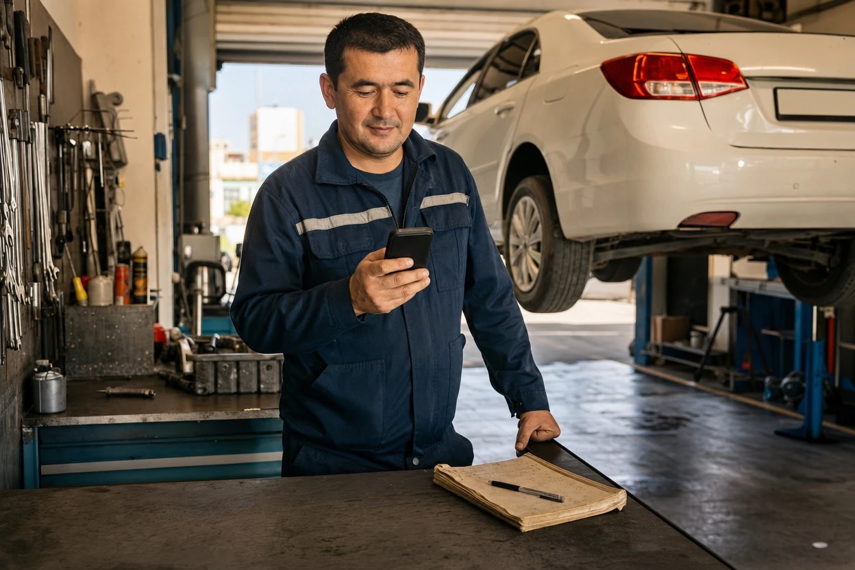 Avtoservis ustasi daftar o‘rniga telefonda Bip Business ilovasi bilan ishlamoqda